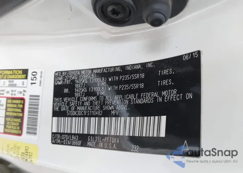 2015 Toyota Sienna Limited 7 Passenger/Limited Premium 7 Passenger/Xle 7 Passenger/Xle Premium 7 Passenger z USA, uszkodzony, nr VIN 0005TDDK3DC1FS110